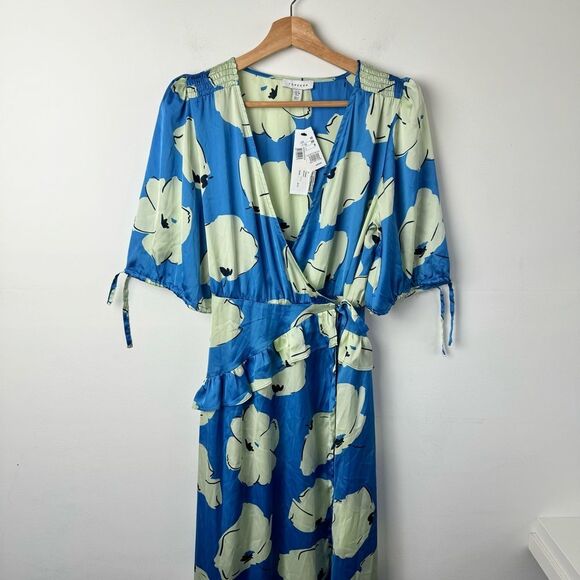 NWT Topshop blue splodge flower ruffle textured wrap midi Dress in Blue Size 6 - Picture 13 of 15
